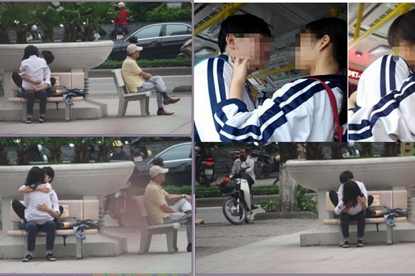 Bức ảnh chụp lại cảnh học sinh ôm hôn nhau ở Hà Nội. chuyện tình yêu học đư...