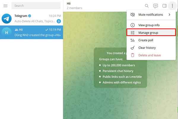 Chọn "Quản lý nhóm" (Manage Group) để thực hiện lấy link